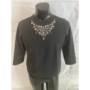 Vince Camuto MEDIUM Bibbed Jeweled Neckline Cropped Sweater & 3/4Sleeve Dk Gray